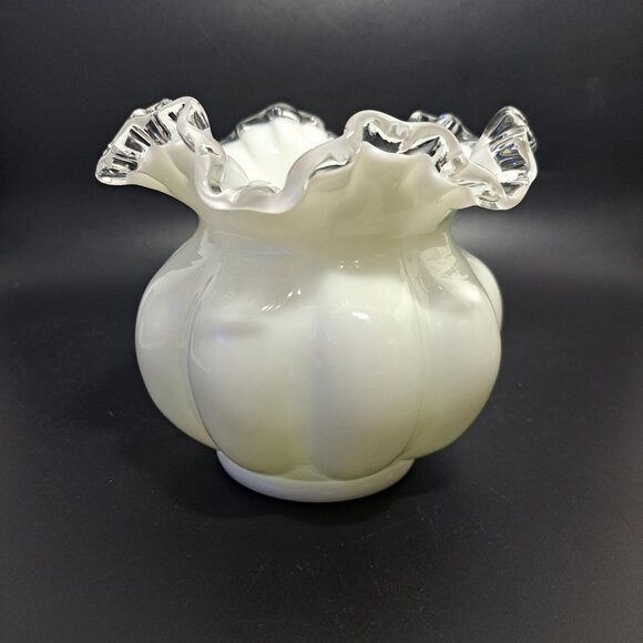 Fenton Milk Glass Melon Vase With Silver Crest Ruffled Edge - Picture 1 of 13